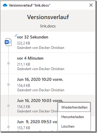 Versionsverlauf im OneDrive Client